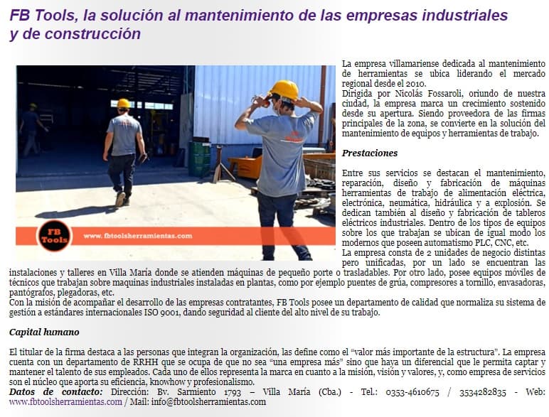 Nota, Diario El Sudeste Bell Ville: FB Tools, la solución al mantenimiento de empresas industriales y de construcción